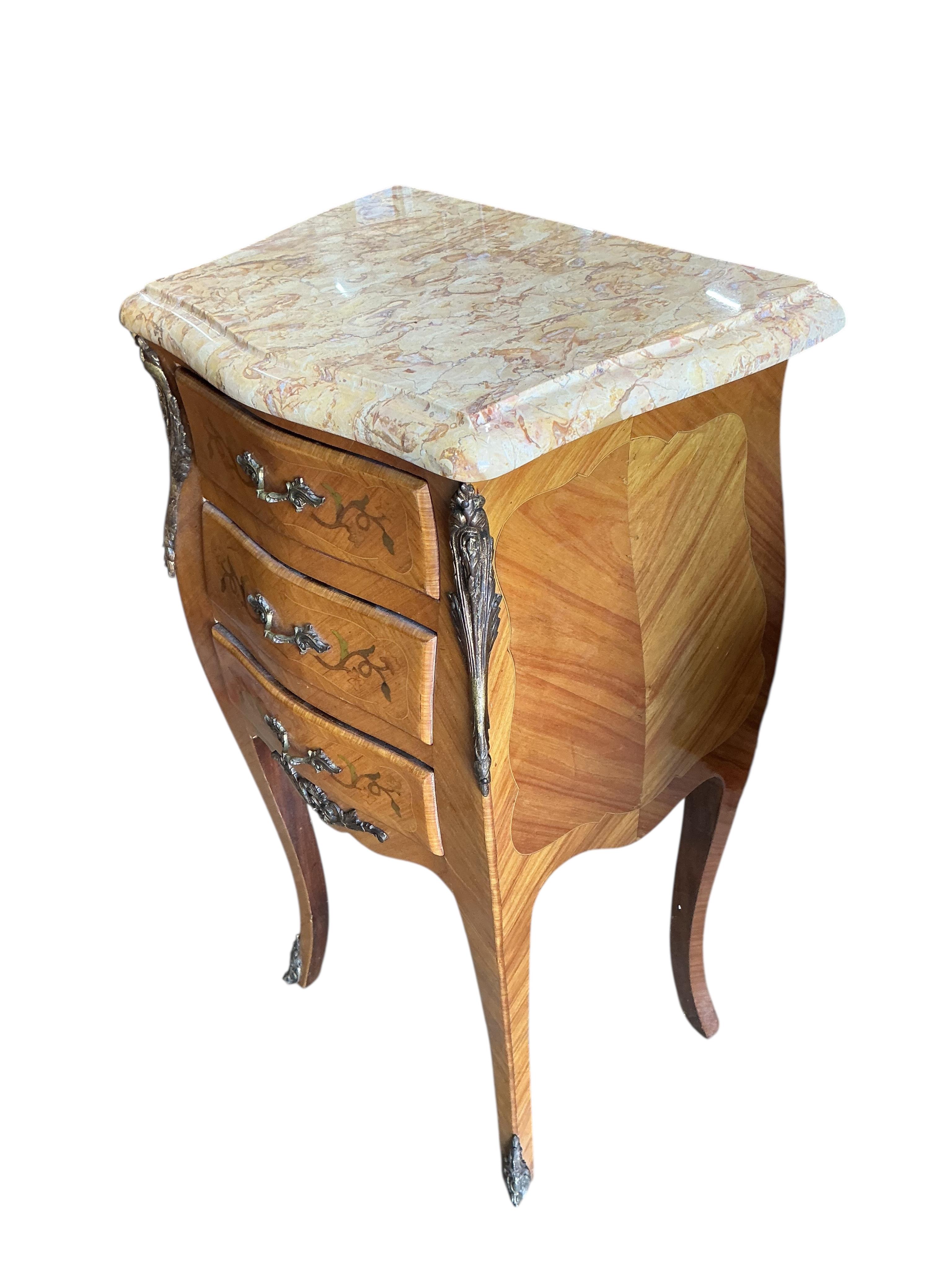 A pair of Louis XV style brass mounted bedside chests, width 42cm, depth 29cm, height 76cm